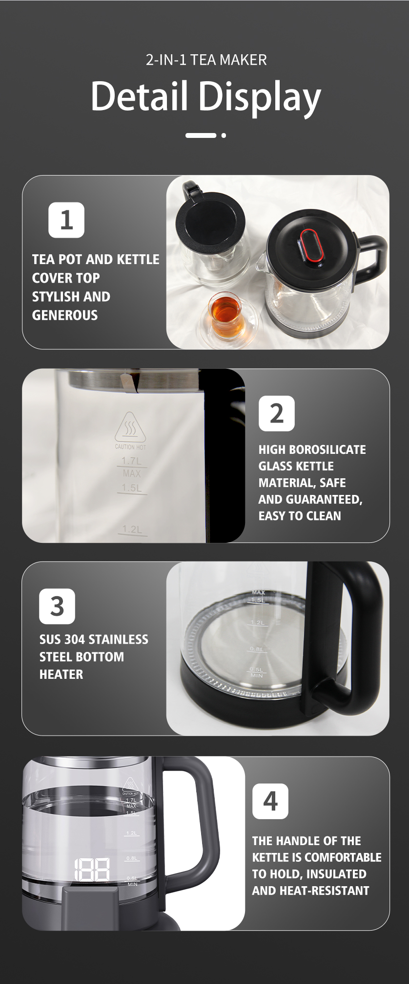 Nueva máquina moderna para hacer té de baja potencia, termopotable portátil de cristal para mantener el calor, juego de bandejas para hervidor de Hotel, tetera eléctrica de 1,7 L + 1,1 L