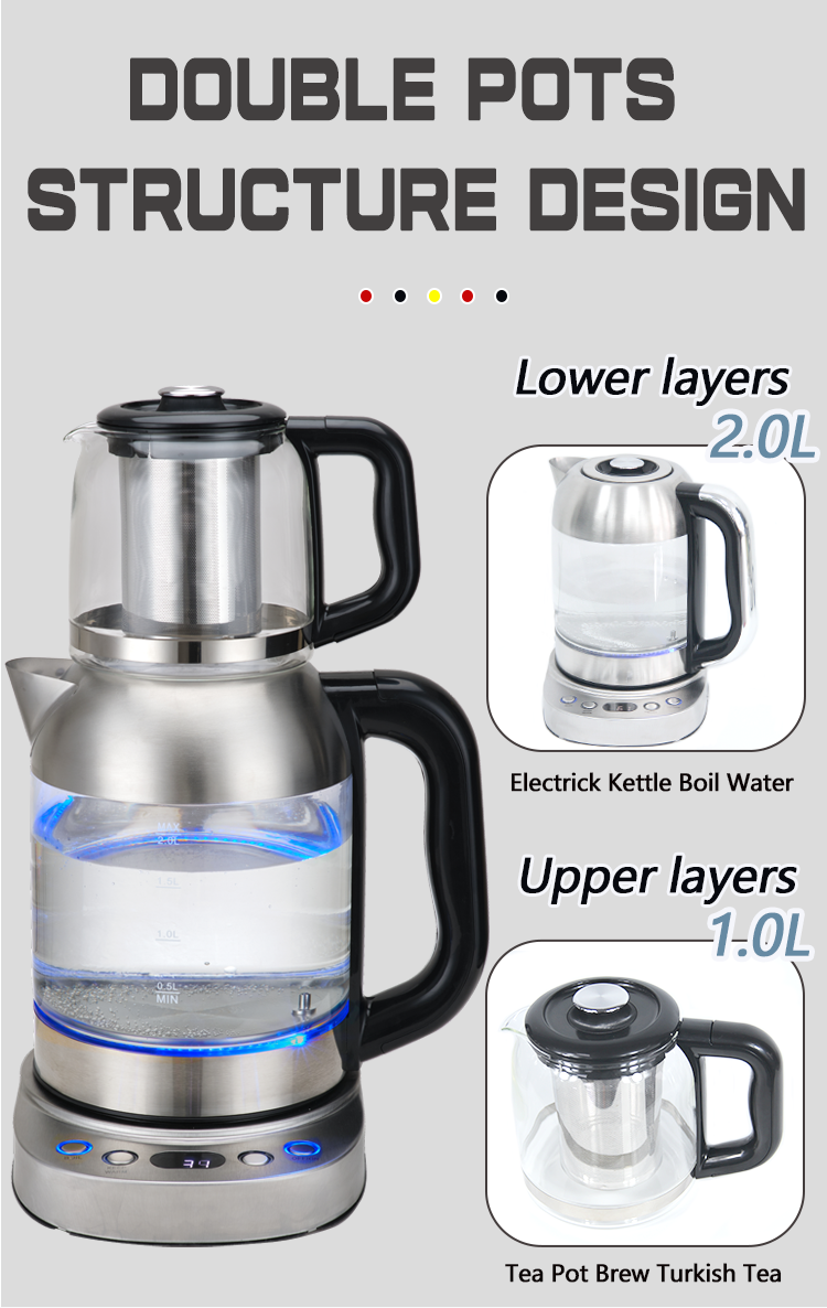 Tetera turca con pantalla Led CE, tetera eléctrica de 2,0l con filtro de vidrio, tetera y cafetera 