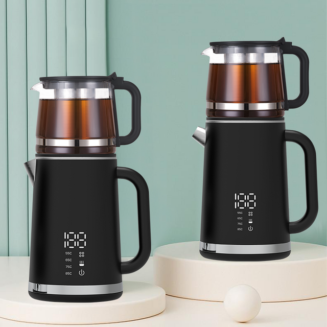 Yuekon 1.5L+1.1L Cerneras electrónicas de vidrio Hervidor de vidrio y tetera 2 pulgadas fabricante de té de doble capa con control de temperatura