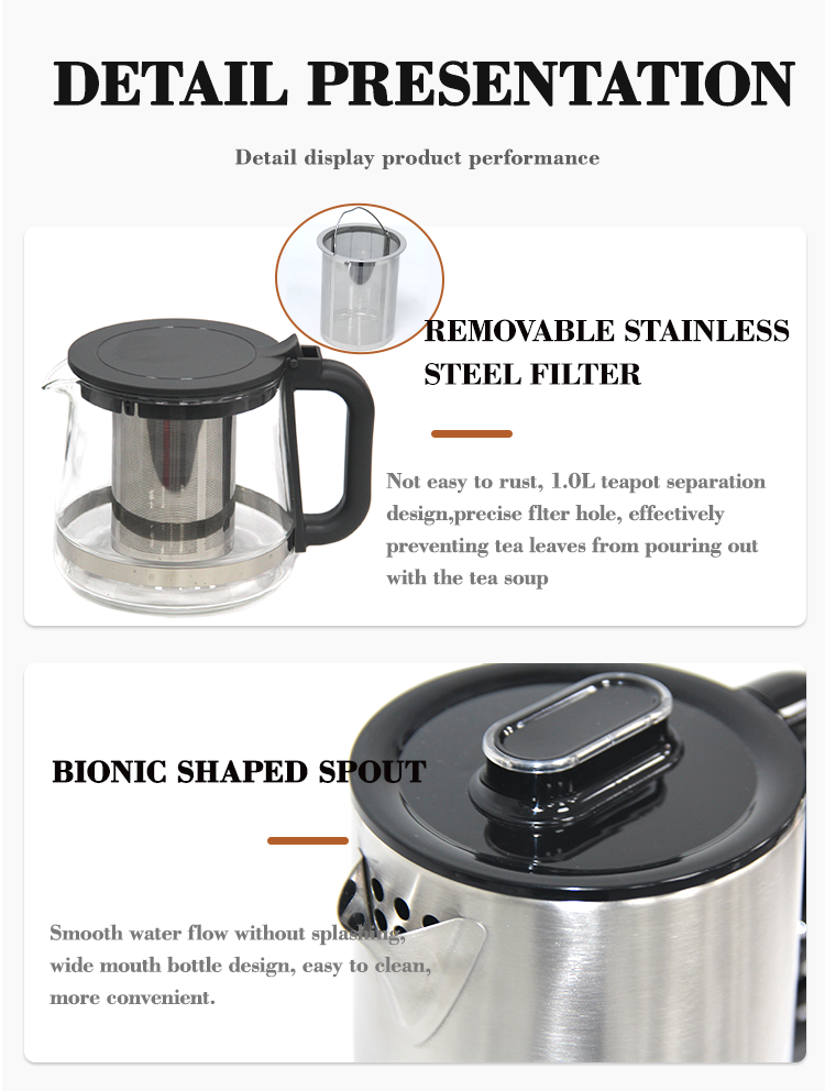 Aparato doméstico OEM Custom Electric Glass Kettle Tea Té Maker Maker Machine 2.0L+1.1LdOuble Heta de acero inoxidable y tetera 