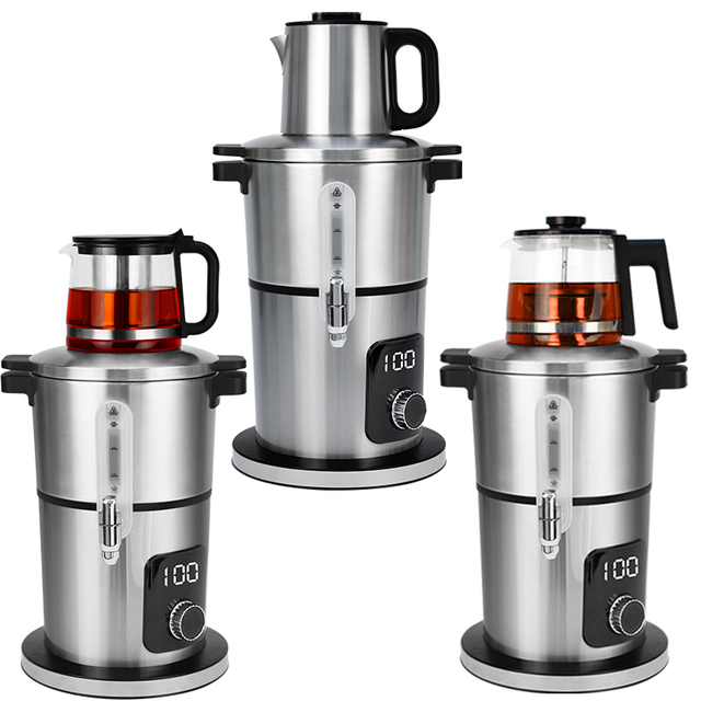 Electrodomésticos Hervidor eléctrico de acero inoxidable de doble capa, tetera automática, tetera Samovar persa 2 en 1, Samovar plateado