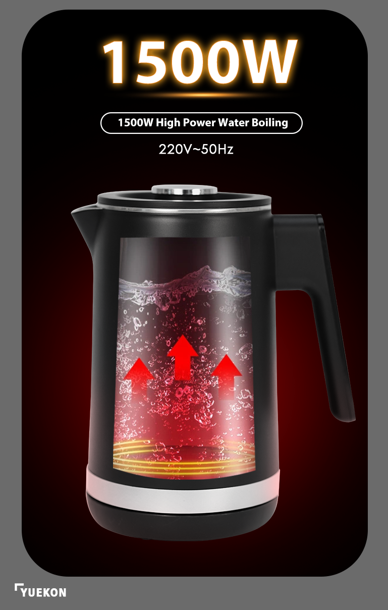 Hervidor eléctrico de acero inoxidable de alta potencia OEM 1500W de fábrica con control digital negro y protección para ebullición en seco