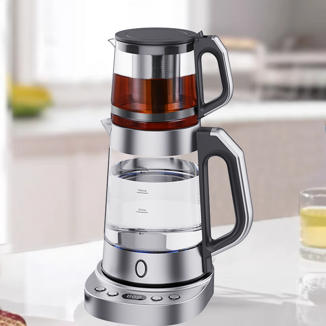 Hervidor de vidrio eléctrico de varias secciones con control de temperatura, colador de té de acero inoxidable 304, tetera con bandeja