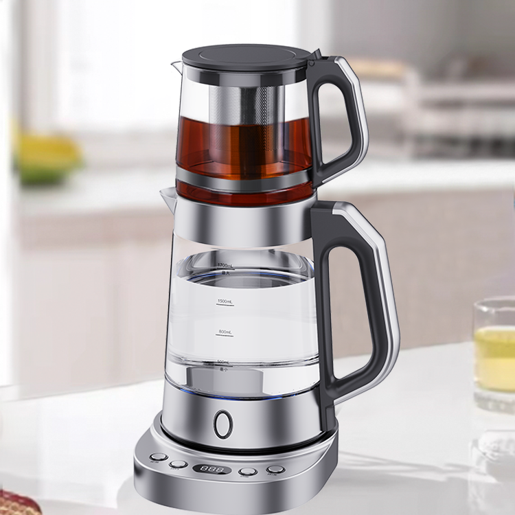 Hervidor de vidrio eléctrico de varias secciones con control de temperatura, colador de té de acero inoxidable 304, tetera con bandeja