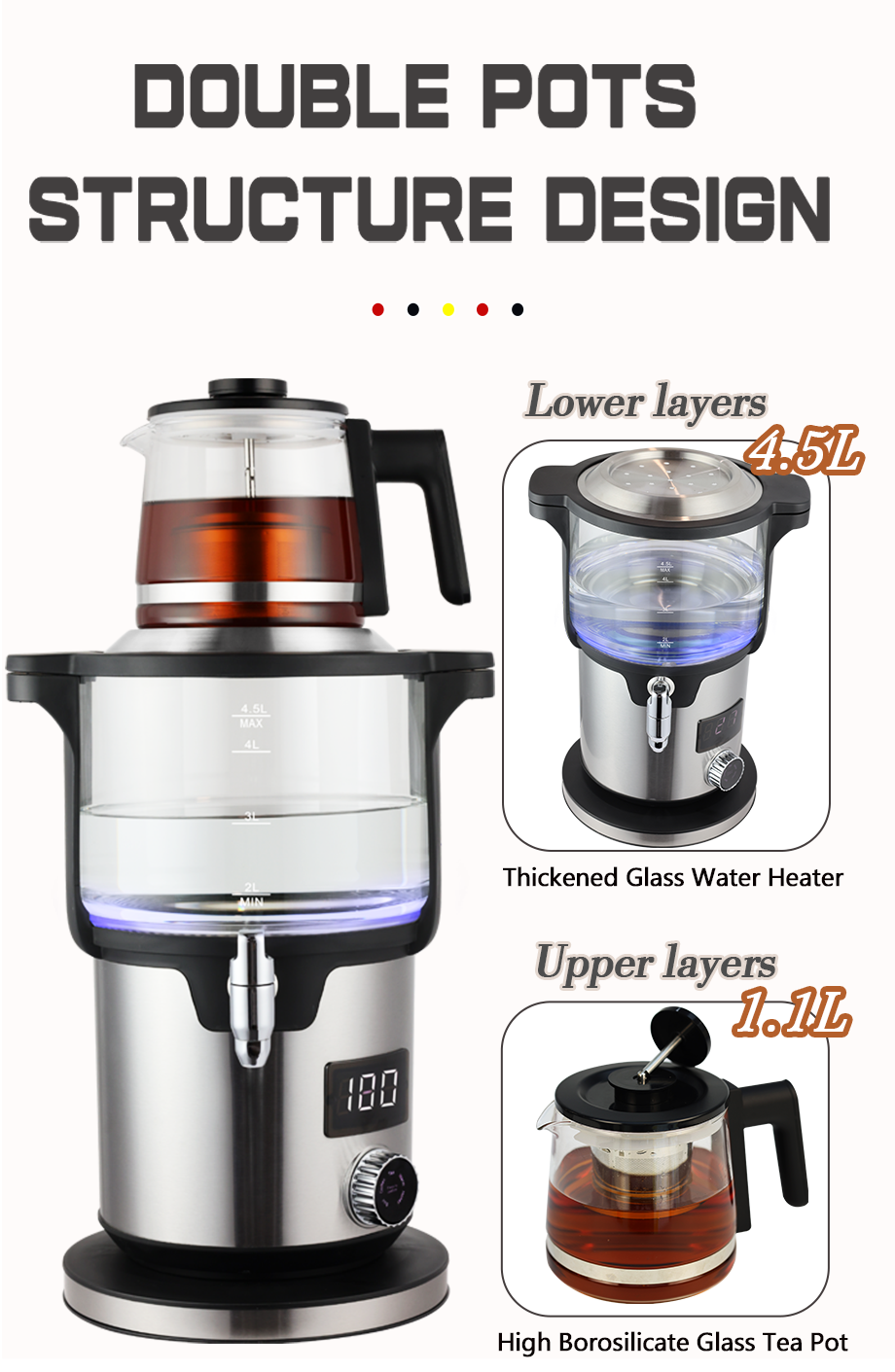 Máquina para hacer té inteligente de doble capa, 4,5 + 1,1l, perilla doméstica de 2000W, hervidor de té turco, hervidores eléctricos inalámbricos para hervir agua