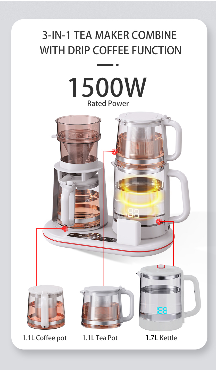 Hervidor de vidrio multifuncional de 1500W, hervidor doble inalámbrico inteligente, tetera eléctrica, juego de cafetera, Control Digital de temperatura