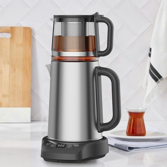 Nueva llegada 1500W 304 acero inoxidable de vidrio turco hervidor eléctrico 2 in1 samovar tea fabricante de té con base de pantalla táctil