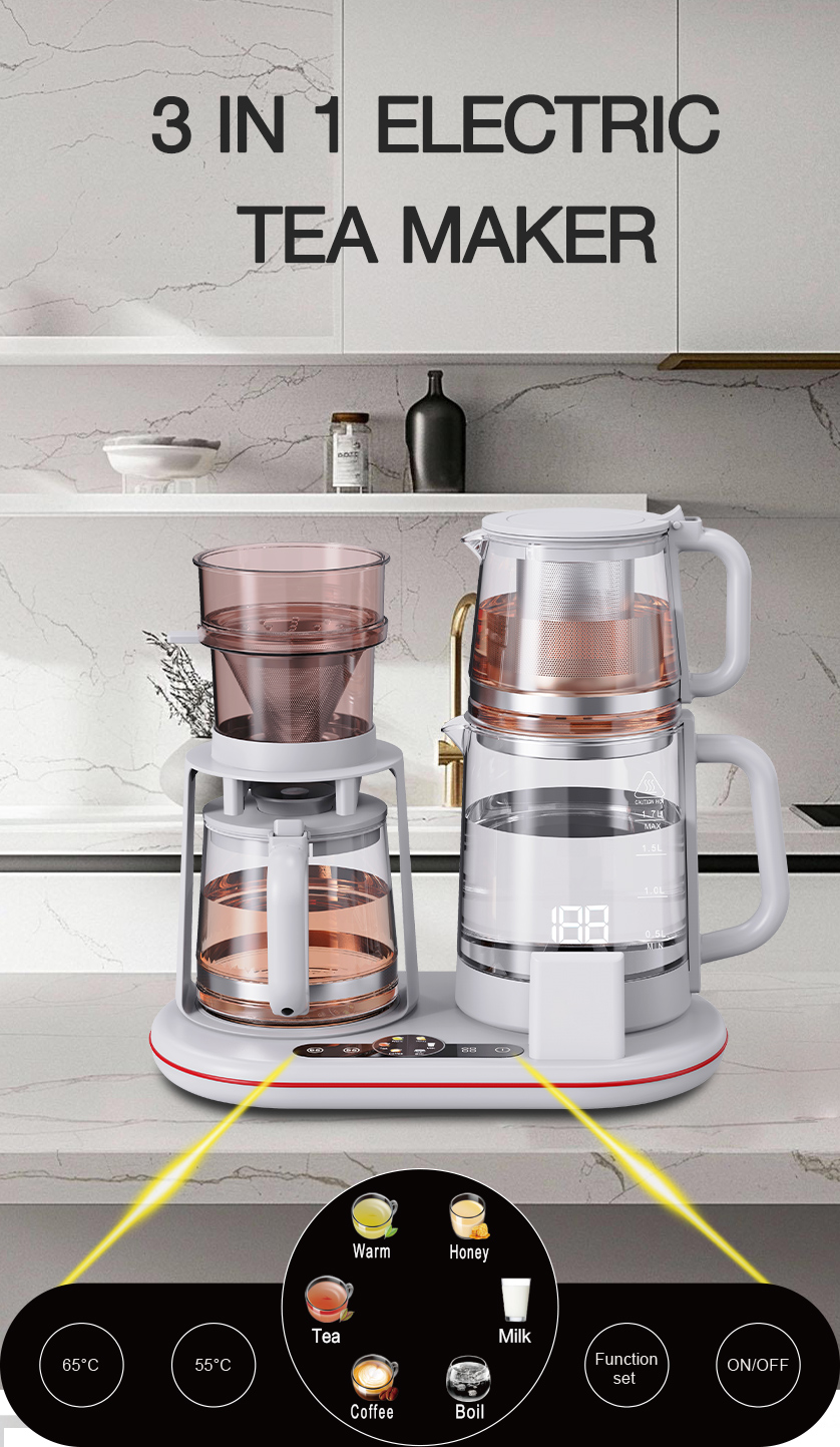 Hervidor de vidrio multifuncional de 1500W, hervidor doble inalámbrico inteligente, tetera eléctrica, juego de cafetera, Control Digital de temperatura