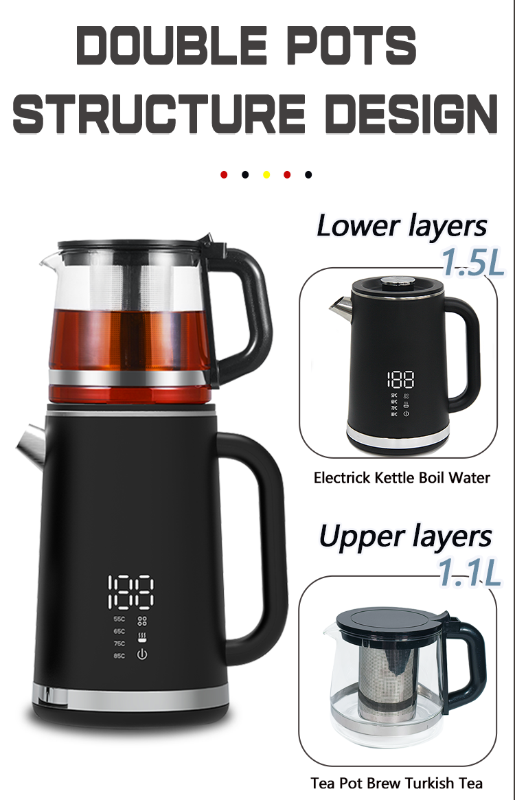 Yuekon 1.5L+1.1L Cerneras electrónicas de vidrio Hervidor de vidrio y tetera 2 pulgadas fabricante de té de doble capa con control de temperatura