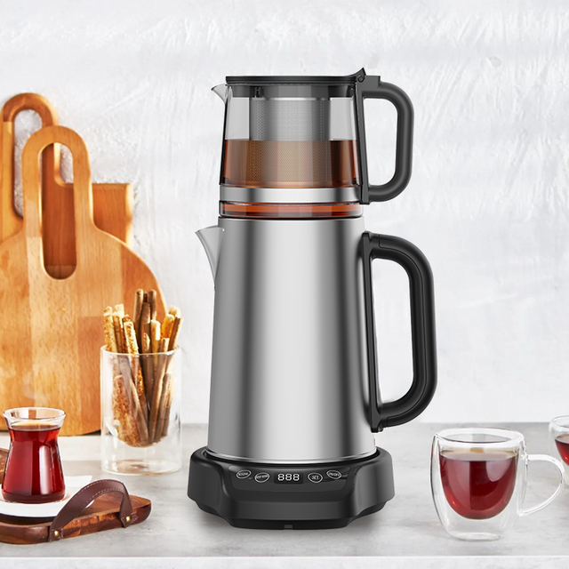 Aparato doméstico OEM Custom Electric Glass Kettle Tea Té Maker Maker Machine 2.0L+1.1LdOuble Heta de acero inoxidable y tetera 