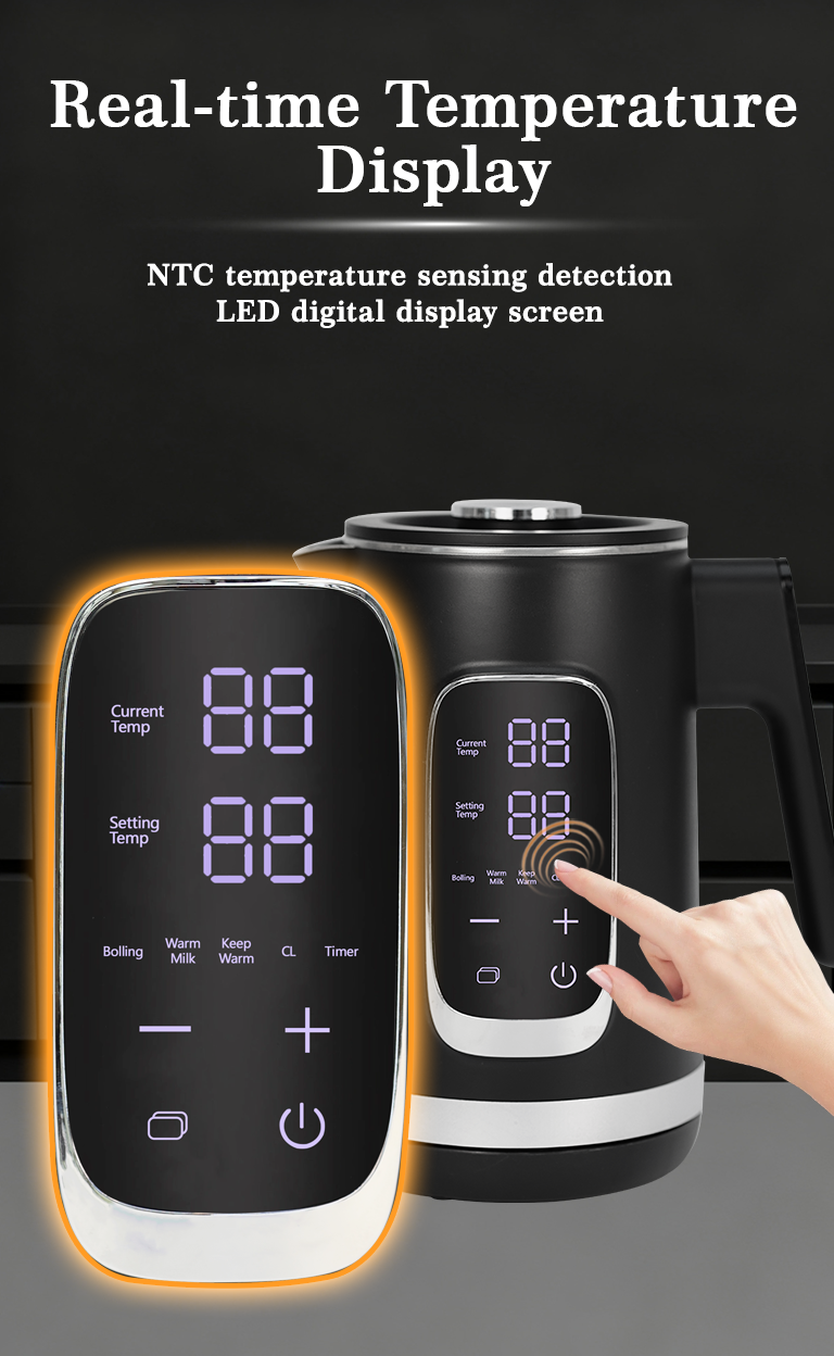 Hervidor eléctrico de acero inoxidable de alta potencia OEM 1500W de fábrica con control digital negro y protección para ebullición en seco