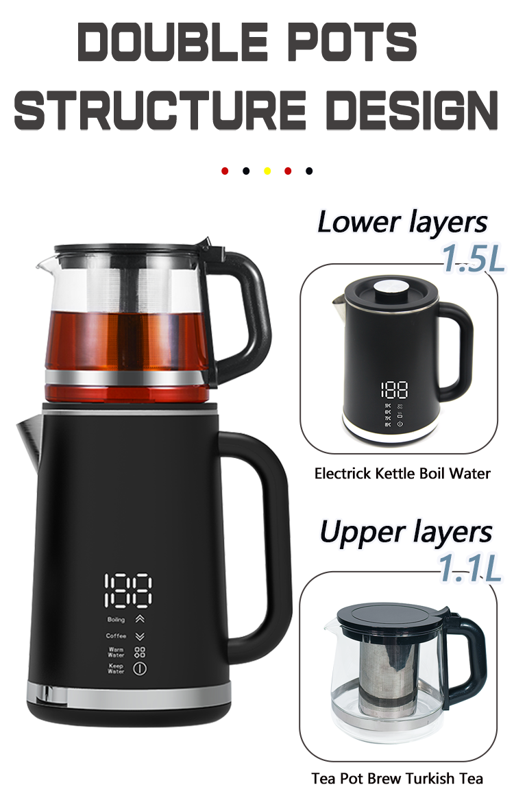 Hervidor moderno de doble pared de 1500w, Base de 360 ​​grados, 1,5l + 1,1l, Hervidor eléctrico inteligente de doble capa con tetera pequeña