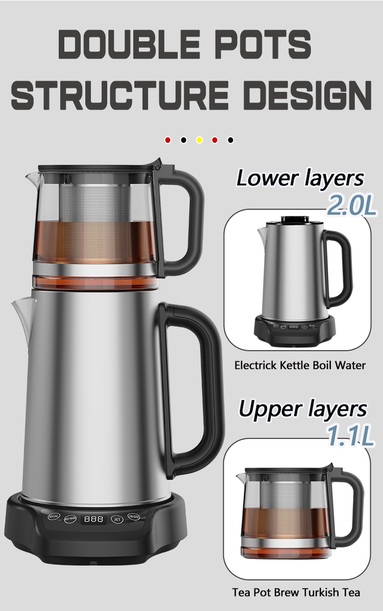 Aparato doméstico OEM Custom Electric Glass Kettle Tea Té Maker Maker Machine 2.0L+1.1LdOuble Heta de acero inoxidable y tetera 