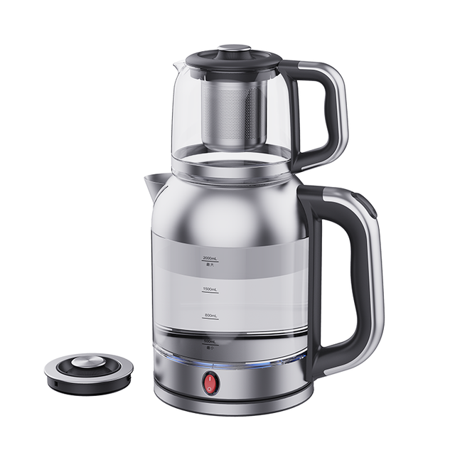 Calentador de agua 2 en 1 para té doble Samovar turco, 2200W, filtro lavable, fabricante de té eléctrico personalizado de vidrio 