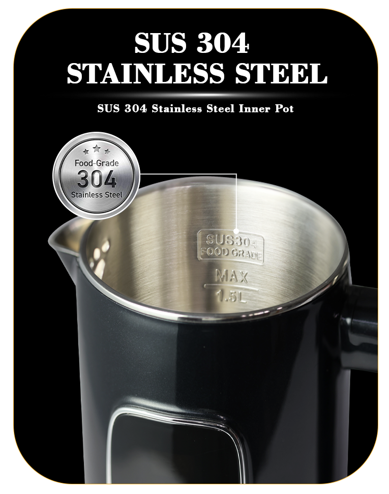 Hervidor eléctrico de acero inoxidable de alta potencia OEM 1500W de fábrica con control digital negro y protección para ebullición en seco