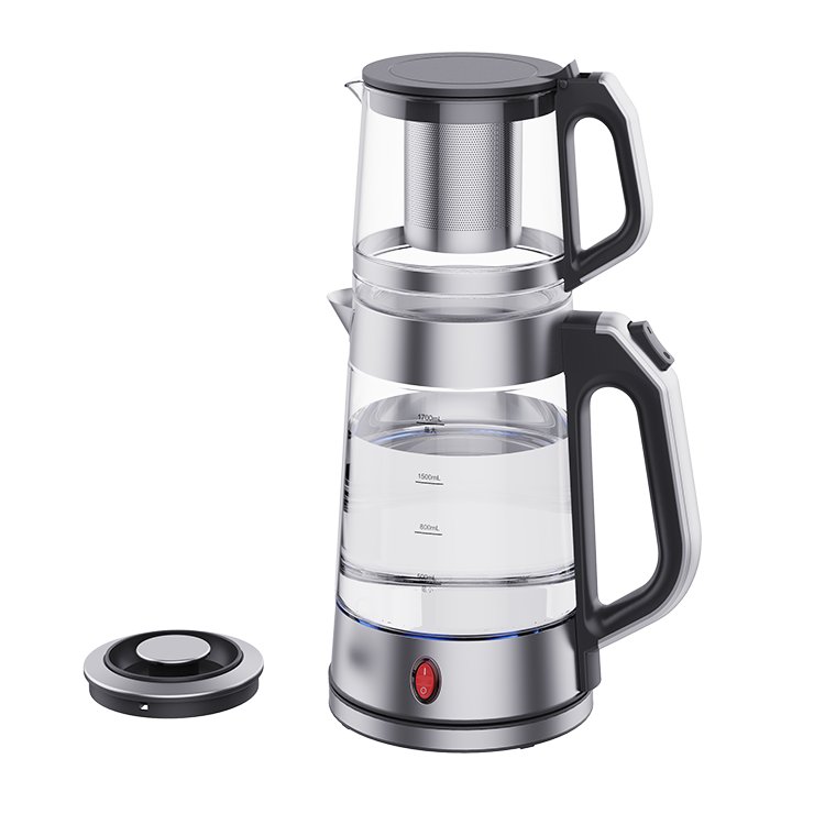  Tetera de cristal 2 en 1 combinada Samovar doble, tetera de 1,7 L + 1,0 L con cuerpo de cristal, electrodoméstico de cocina 