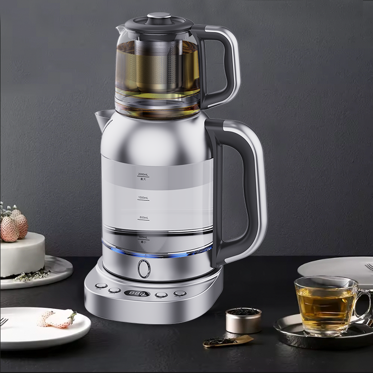 Tetera de vidrio turca 2 en 1, tetera doble Samovar, 1850W, 2,0l, acero transparente, vidrio de alto borosilicato, hervidores eléctricos inalámbricos