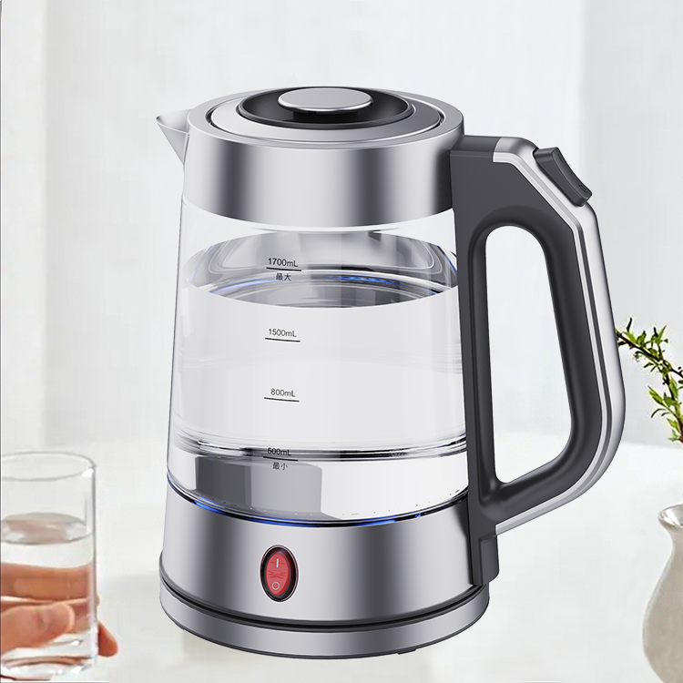 Hervidor eléctrico de apagado automático de 1,7 litros, hervidor de vidrio de borosilicato alto, hervidor de agua mecánico plateado con luz azul Oem Odm
