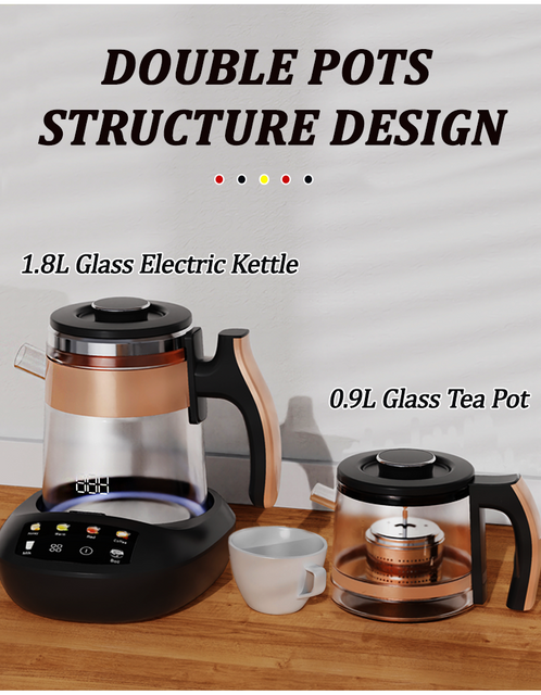 Electrodomésticos, tetera de vidrio de borosilicato portátil, calentador de agua, tetera turca eléctrica doble con infusor extraíble